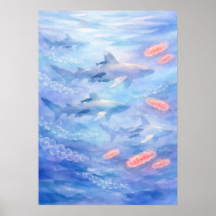 Oceanic Whitetip Sharks Watercolor Art Poster