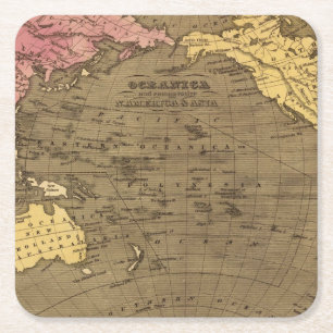 Oceanica Hand Coloured Atlas Map Square Paper Coaster
