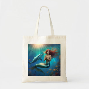 "Ocean's Dance: A Mermaid and Dolphins' Journey" Tote Bag