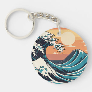 Ocean's Dance - Retro Great Ocean Waves at Sunset Key Ring
