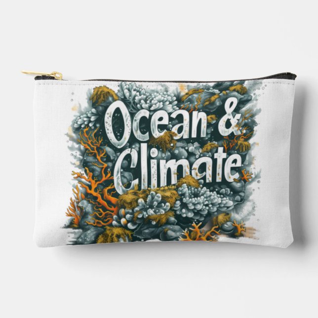 Oceans Day - Ocean and Climate Text with Coral  Accessory Pouch (Front)