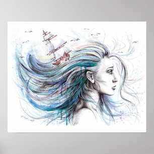 Oceans girl Nautical Surreal Painting art Poster