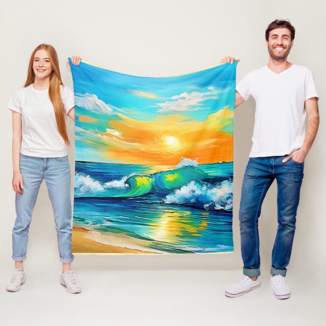 Ocean's Kiss: Sunset Waves Fleece Blanket (In Situ)