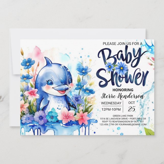 Ocean's Symphony: Dolphin-themed Boy Baby Shower Invitation (Front)