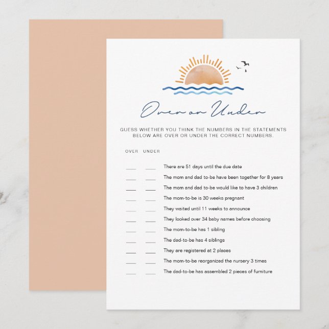 OCEANSIDE Beach Baby Over Under Baby Shower Game Invitation (Front/Back)