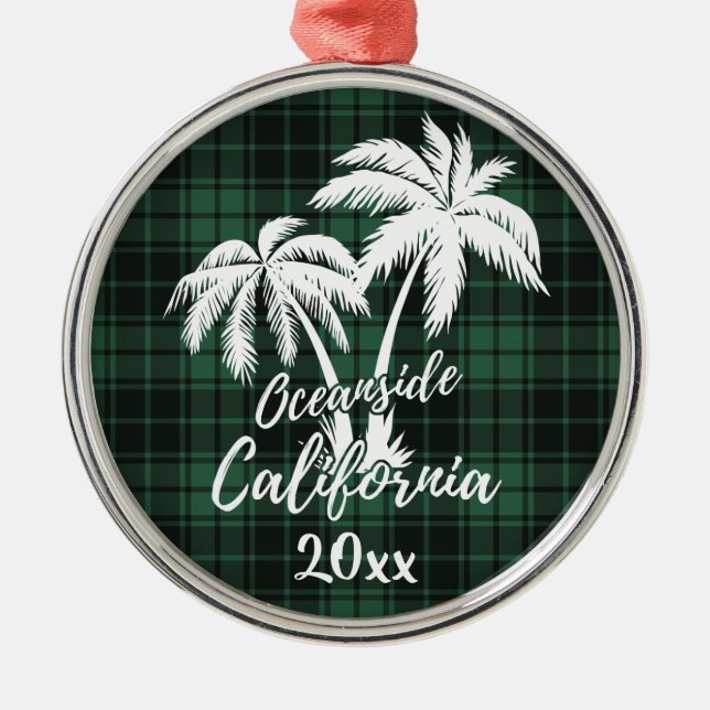 Oceanside Beach California Palm Tree Green Plaid Metal Tree Decoration (Front)