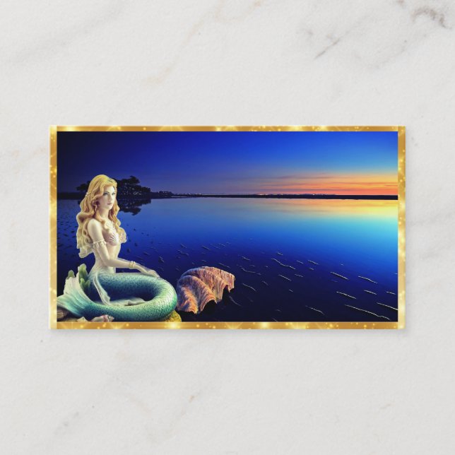 Oceanside Mermaid, Sunset and Colourful Shells on  Business Card (Front)