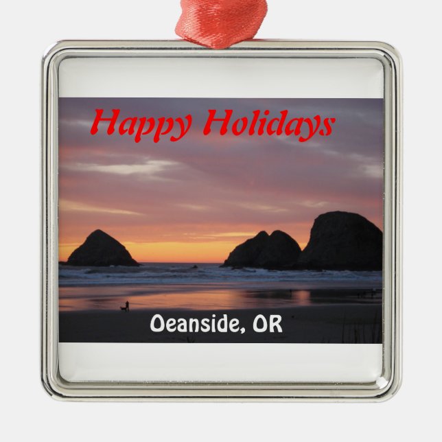 Oceanside, Oregon Ordiment Metal Tree Decoration (Front)