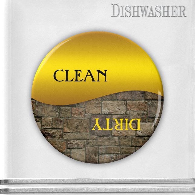 Ocher Stone Clean Dirty Dishwasher Magnet (Clean-dirty dishwasher magnet featuring a gold ocher design on a sturdy brick background image)