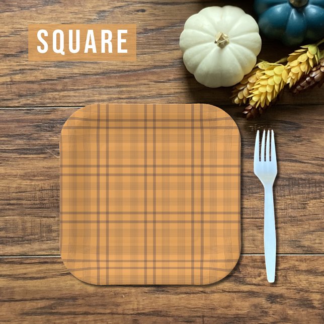 Ochre and Brown Tartan Pattern Fall Paper Plate (These square plates are available in  7" or 9" .)