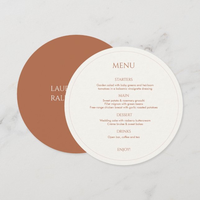Ochre and Ivory Monogrammed Round Wedding Menu (Front/Back)