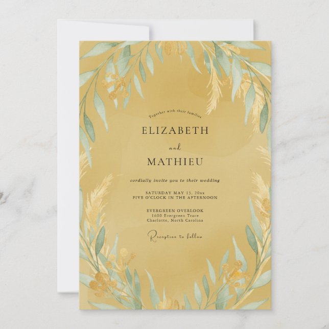 Ochre Aqua Leafy Wedding Invitation (Front)
