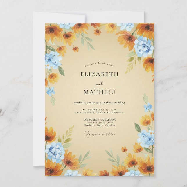Ochre Azure Sunflower Eucalyptus Wedding Invitation (Front)