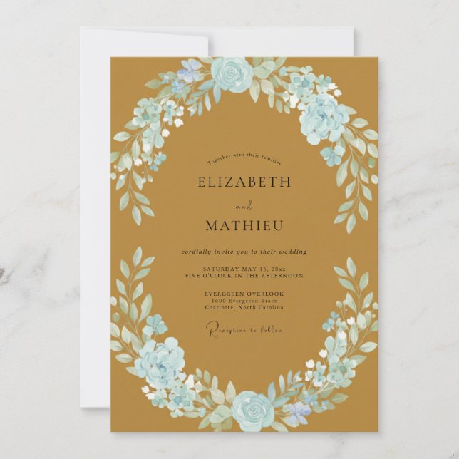 Ochre Azure Wreath Wedding Invitation (Front)