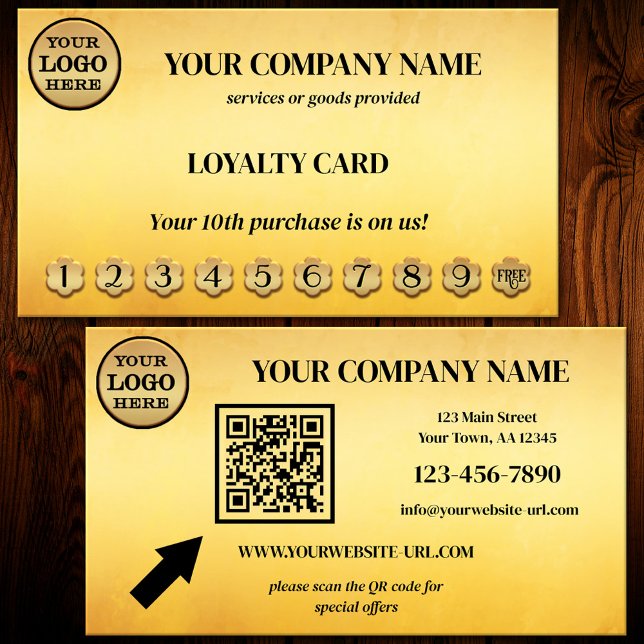 Ochre Black Gold Loyalty Punch Card (Eye-catching artistic loyalty punch card in ocher and black with logo and QR code - business card)
