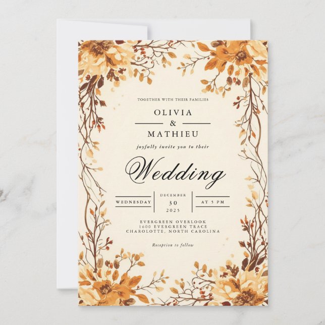 Ochre Bloom Branch Flourish Wedding Invitation (Front)