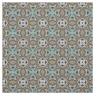 Ochre Brown Green Grey Retro Nouveau Deco Pattern Fabric