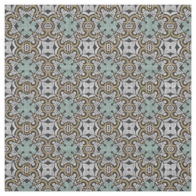 Ochre Brown Green Grey Retro Nouveau Deco Pattern Fabric (Swatch)