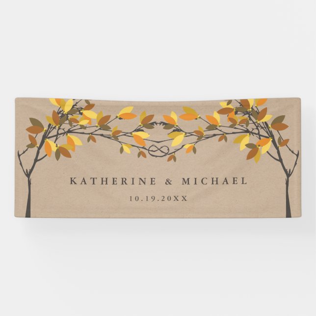Ochre Brown Knotted Love Trees Autumn Fall Wedding Banner (Horizontal)