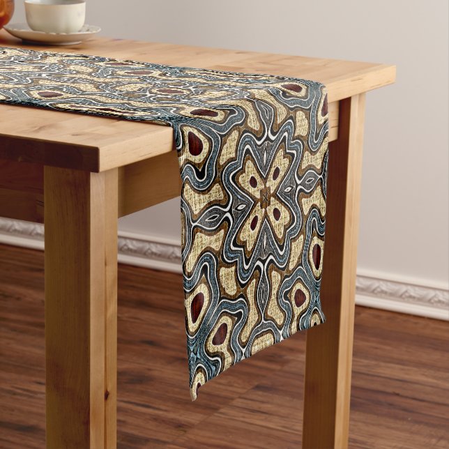Ochre Brown Red Teal Blue Hip Bohemian Bali Art Short Table Runner (In Situ)