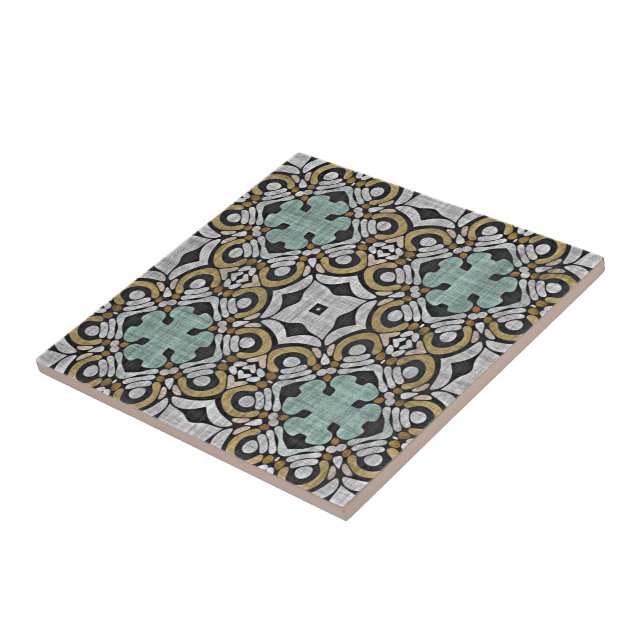Ochre Brown Seafoam Teal Green Ethnic Tribe Art Tile (Side)