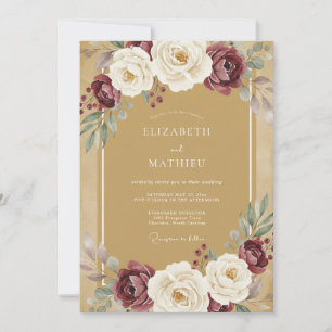 Ochre Burgundy Romantic Floral Wedding Invitation
