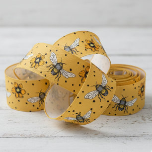 Ochre Buzzing Bees & Cosmos Flower Blooms Grosgrain Ribbon