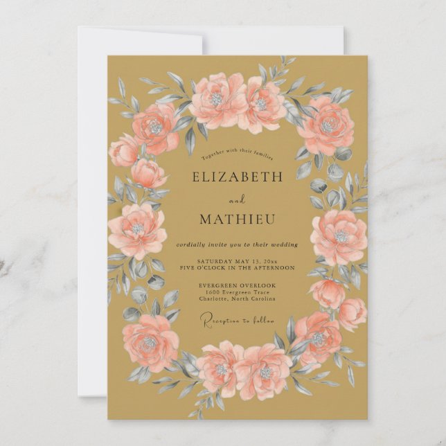 Ochre Coral Wreath Wedding Invitation (Front)