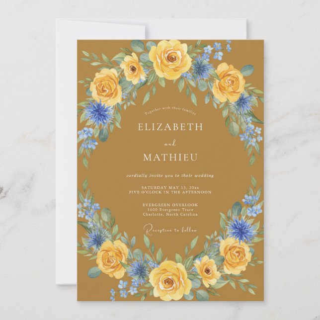 Ochre Cornflower Leafy Wedding Invitation (Front)