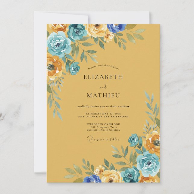 Ochre Floral Artistic Wedding Invitation (Front)