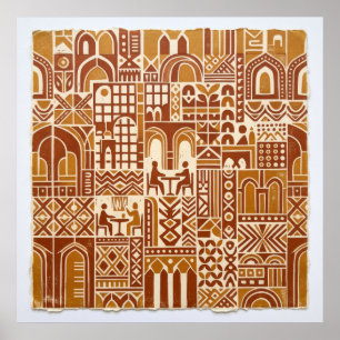 Ochre Folk Architecture Pattern Poster