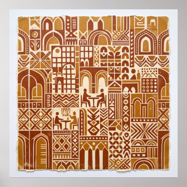 Ochre Folk Architecture Pattern Poster (Front)