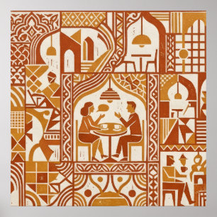Ochre Folk Cafe Pattern Poster