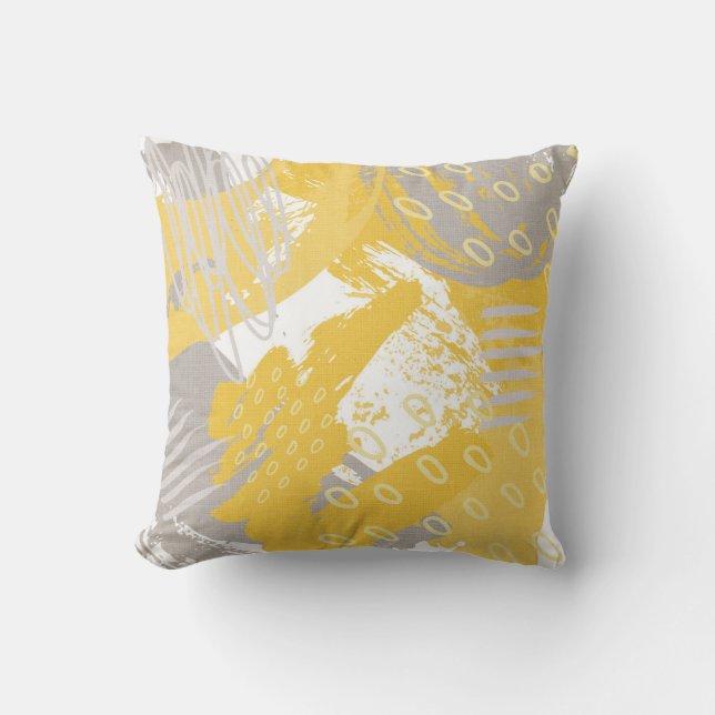 Ochre grey abstract print cushion (Front)