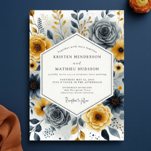 Ochre Grey Floral Whimsy Wedding Invitation