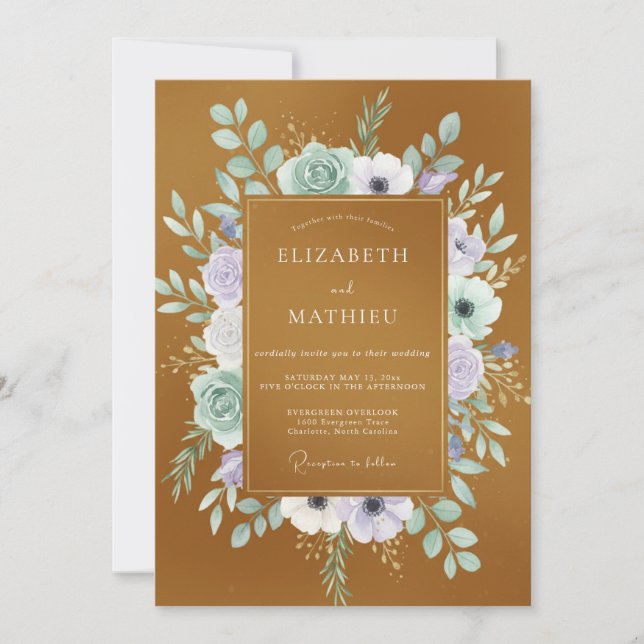 Ochre Lilac Wreath Wedding Invitation (Front)
