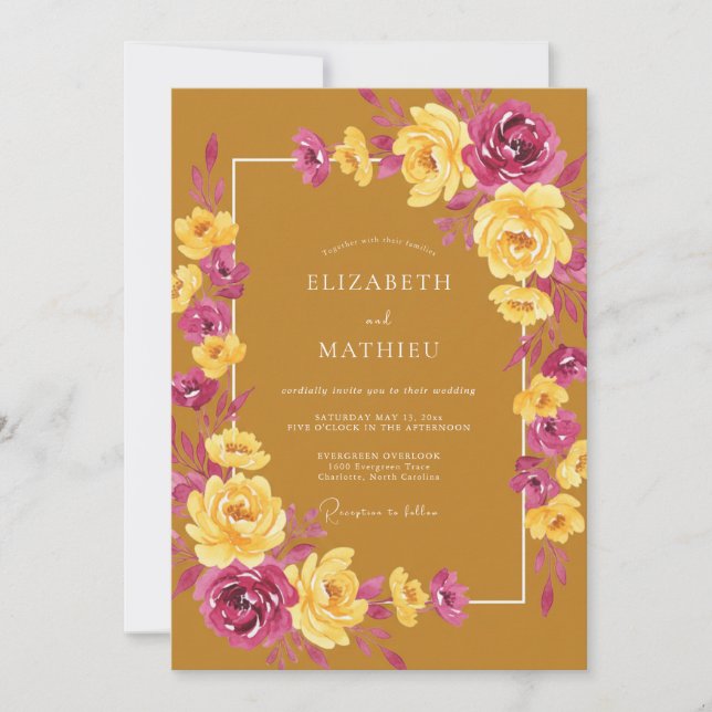 Ochre Magenta Bloom Wedding Invitation (Front)