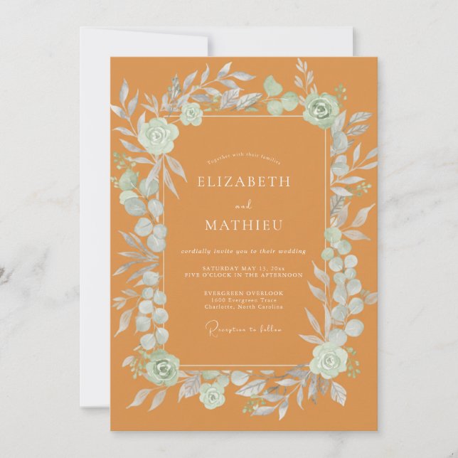 Ochre Mint Leafy Wedding Invitation (Front)