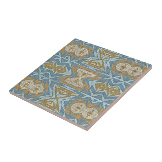 Ochre Mustard Beige Teal Blue Ethnic Tribe Art Tile (Side)