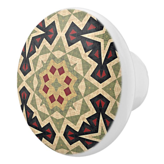 Ochre Mustard Yellow Olive Green Black Tribal Art Ceramic Knob (Right)