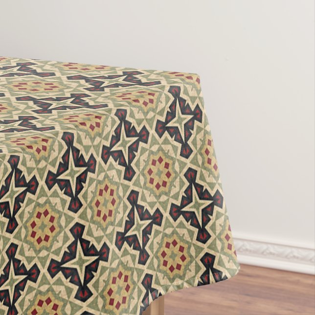 Ochre Mustard Yellow Olive Green Black Tribal Art Tablecloth (In Situ)