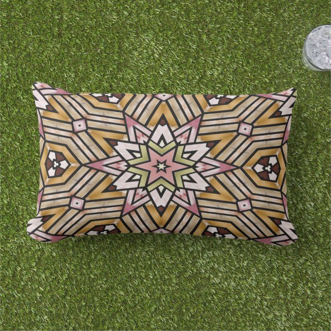 Ochre Mustard Yellow Taupe Brown Pink Tribal Art Lumbar Cushion (Grass)