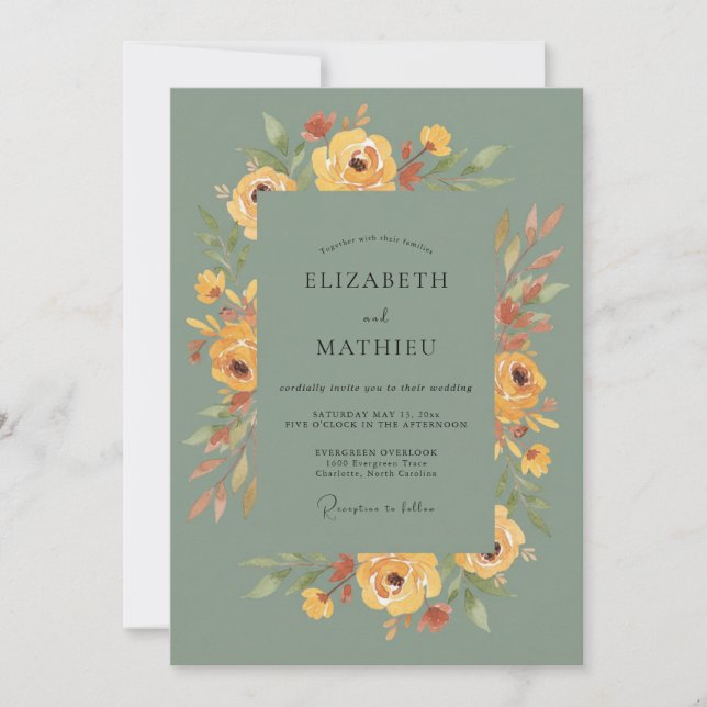 Ochre Olive Peony Wedding Invitation (Front)