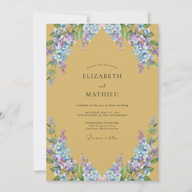Ochre Periwinkle Wisteria Wedding Invitation (Front)