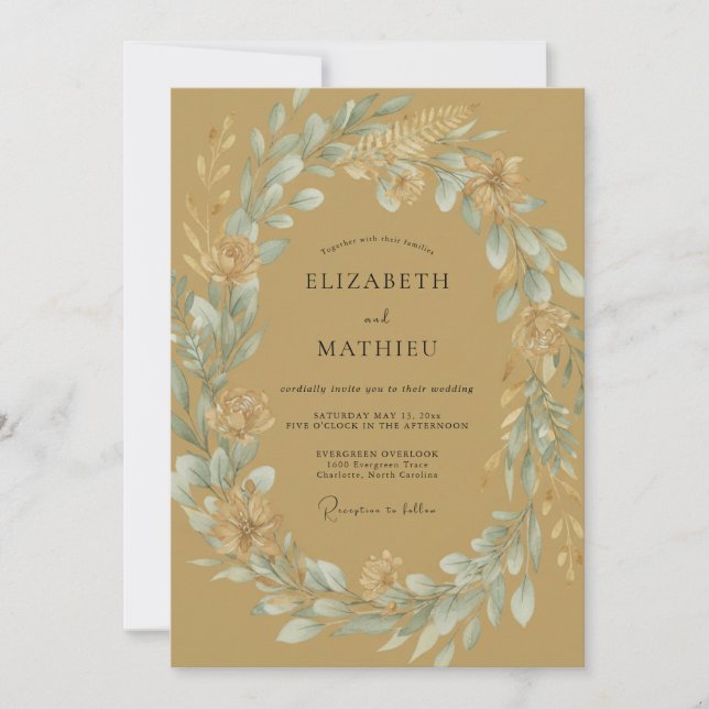 Ochre Periwinkle Wreath Wedding Invitation (Front)