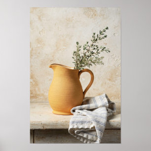 Ochre Pitcher and Blue Striped Linen Still Life Poster