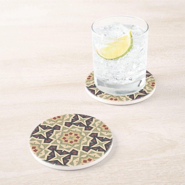 Ochre Red Olive Green Black Tribal Art Pattern Coaster (Side)