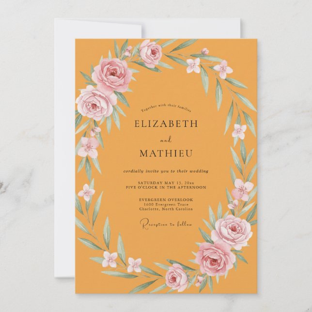 Ochre Rose Wreath Wedding Invitation (Front)