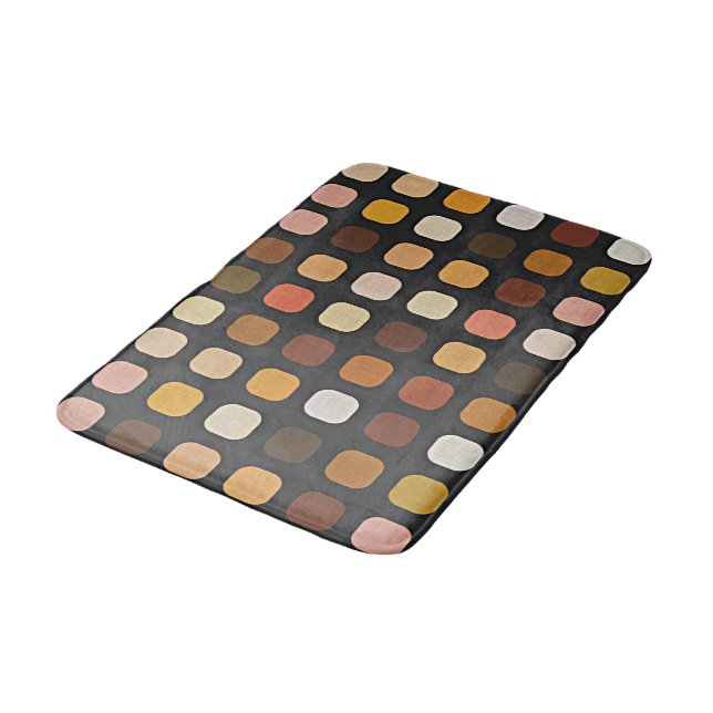 Ochre Rust Brown Peach Red Round Squares Pattern Bath Mat (Angled)