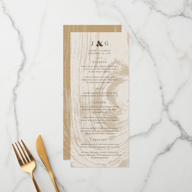 Ochre Rustic Woodgrain Simple Autumn Fall Wedding Menu (Front/Back In Situ)